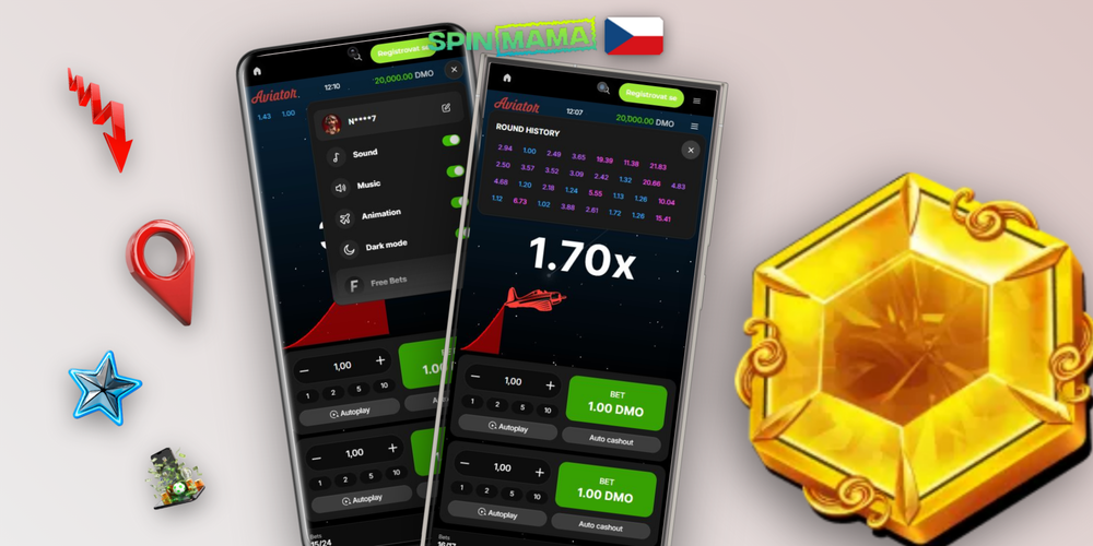 Herní obrazovka Aviator ve Spinmama Casino s rostoucí křivkou a tlačítkem cashout