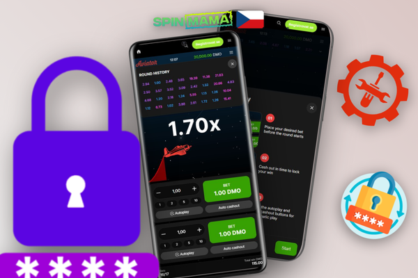 Anotované rozhraní Aviator Spinmama Casino – sázkový panel, křivka násobitele a historie kol