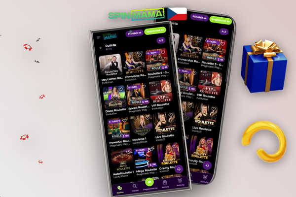 Spinmama Casino app na Androidu zobrazuje přehledné herní lobby se sloty a živým kasinem