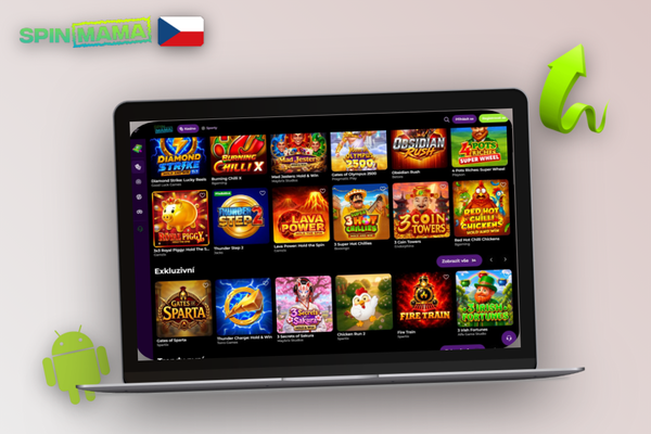 Hráč u notebooku s osobním účtem Spinmama Casino a ikonou bezpečnostního štítu licence