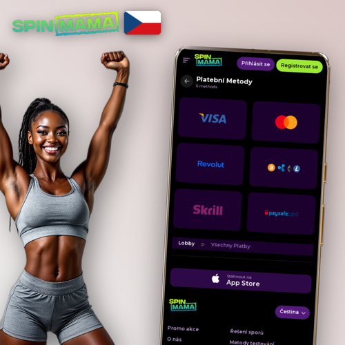 Spinmama Casino výběr výher přes pokladnu s ikonami Visa, Skrill a Bitcoinu